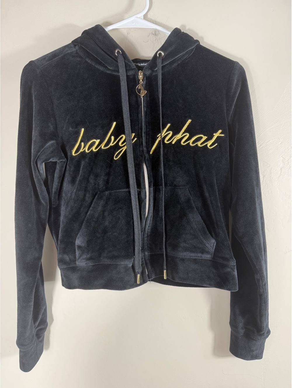 Baby Phat Y2K Black Velour Cropped Zip-Up Hoodie | XS